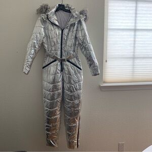 Women's Shiny Silver Ski Jacket with Fur Hood